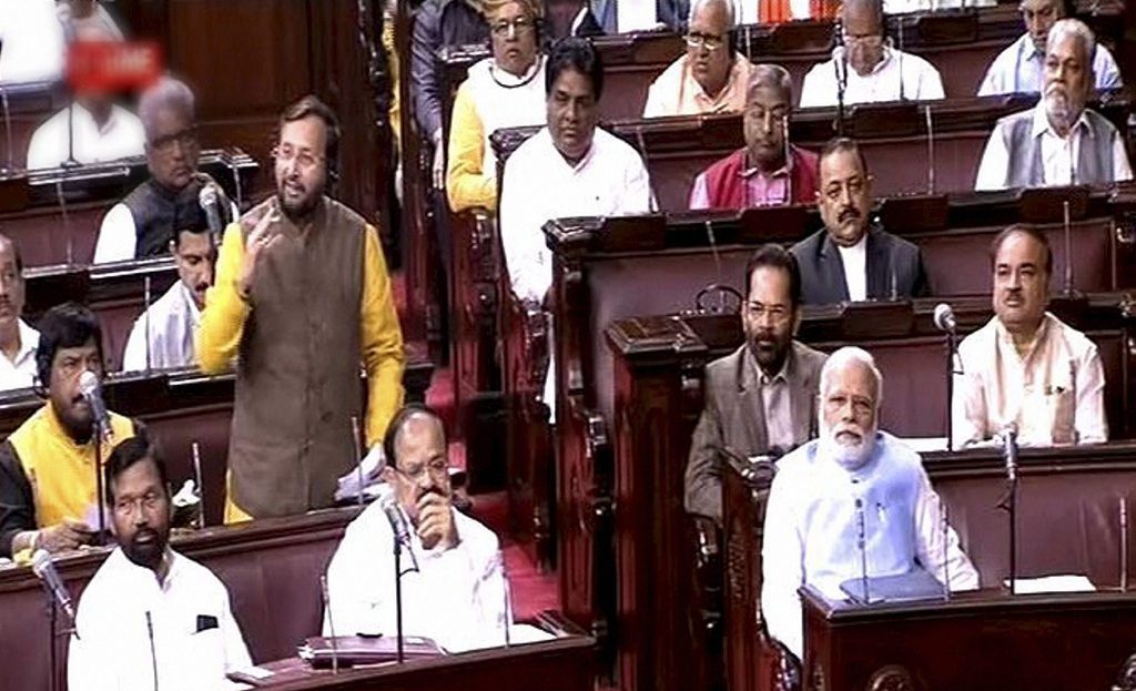 Prakash Javadekar speaks during a parliament session in the Rajya Sabha. (Telangana TV)