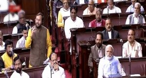 Prakash Javadekar speaks during a parliament session in the Rajya Sabha. (Telangana TV)