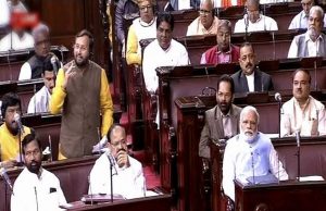 Prakash Javadekar speaks during a parliament session in the Rajya Sabha. (Telangana TV)