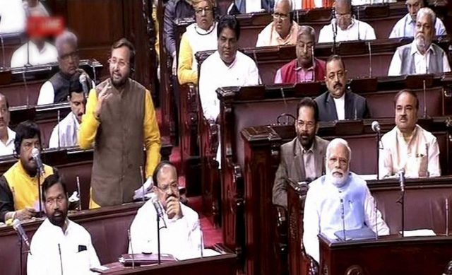 Prakash Javadekar speaks during a parliament session in the Rajya Sabha. (Telangana TV)