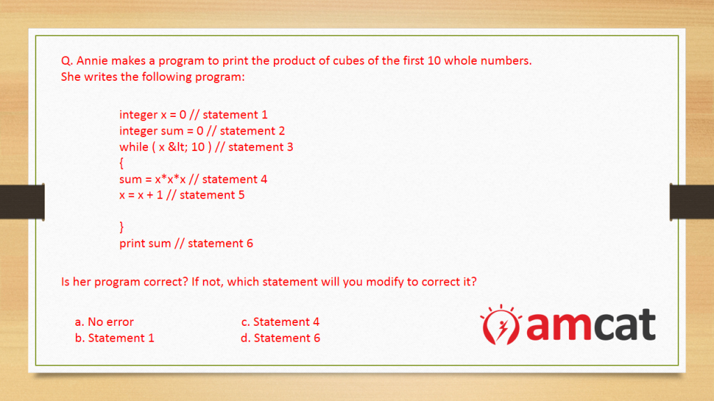 Question from the AMCAT Computer Science Test for Computer Programming.