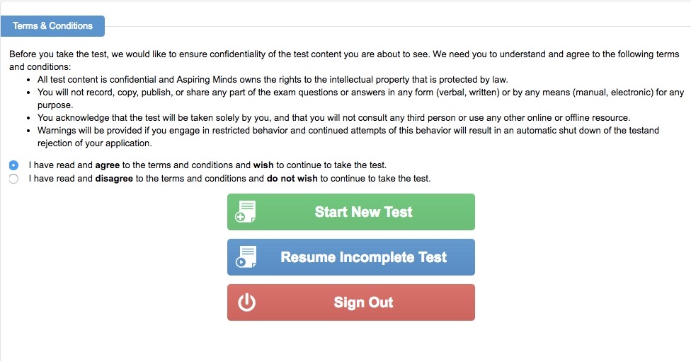 Read the terms and conditions before you start with the new test.