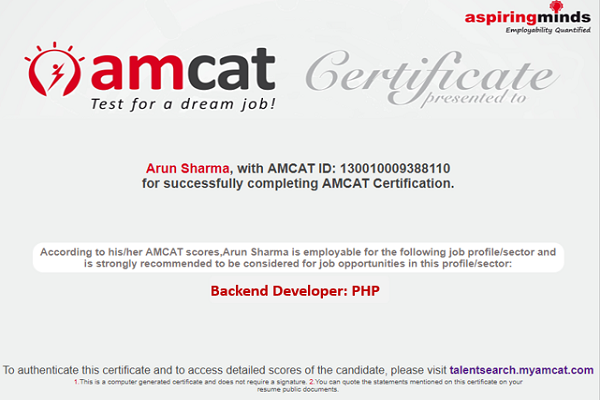 AMCAT Back-End Developer (PHP) certificate.