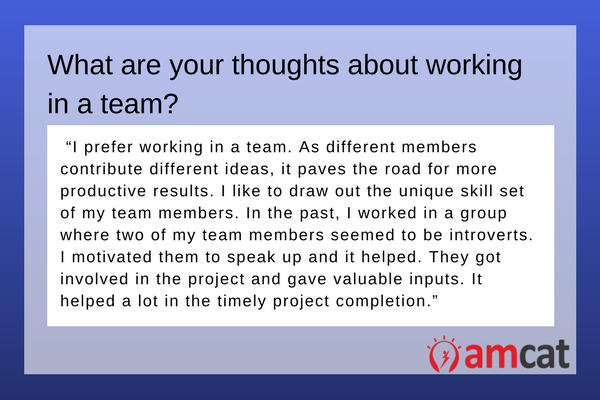 A model answer when asked 'What are your thoughts on working with a team'.