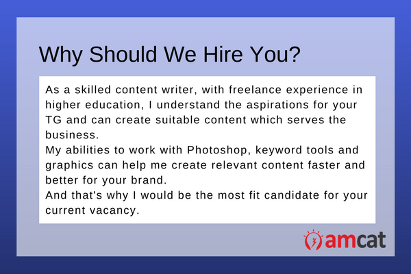 A model answer for a six-month content writer asked 'Why Should We Hire You'.