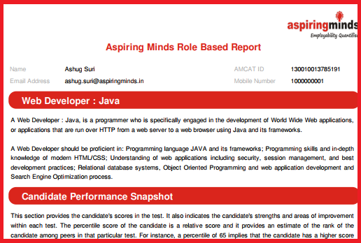 A screenshot of your AMCAT Web Developer JAVA certification report.
